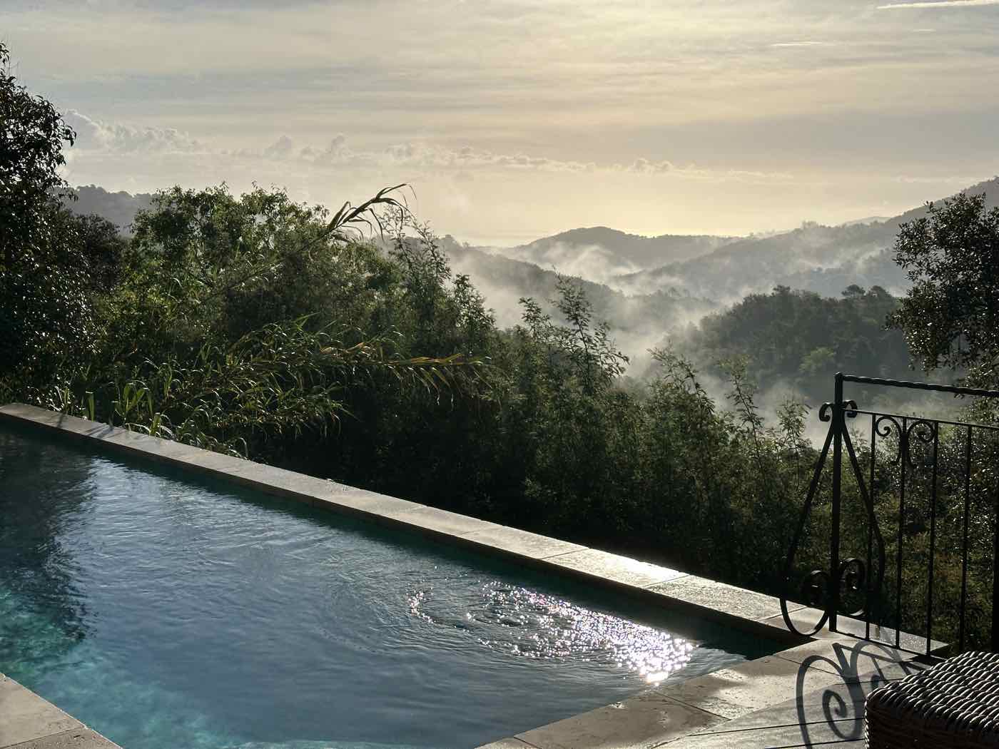 The pool at sunrise, with mist in the valleys